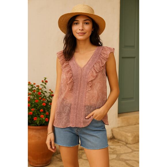 POL Boho Sheer Paisley Lace Ruffle Blouse Romantic Feminine Chic Pink Small - Picture 1 of 6